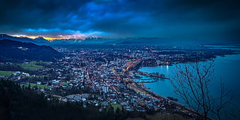 Dramatic Blue Hour Panorama of Bregenz City and Lake Constance