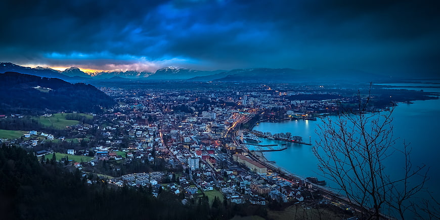 Dramatic Blue Hour Panorama of Bregenz City and Lake Constance