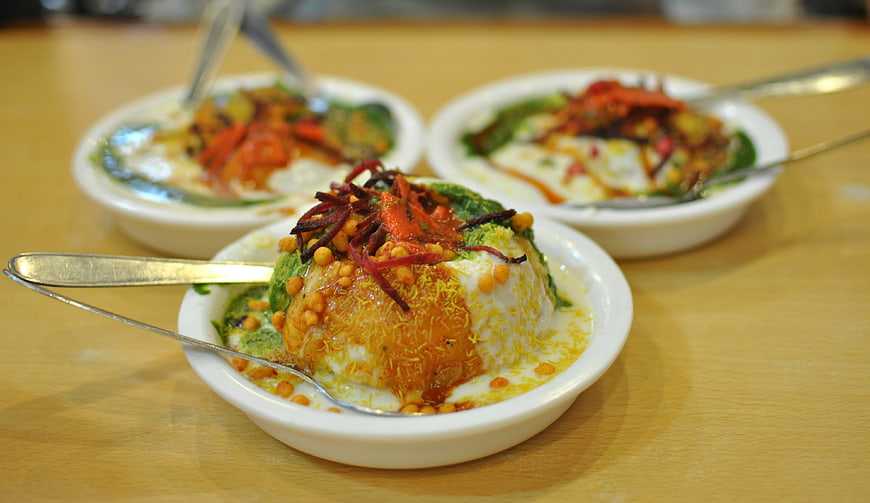 Traditional Indian Papdi Chat Street Food Served in White Bowls