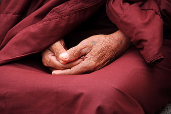 Close-up of elderly monk's hands in prayer