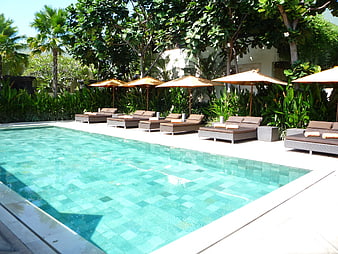 Luxury Resort Swimming Pool With Lounge Chairs And Tropical Greenery