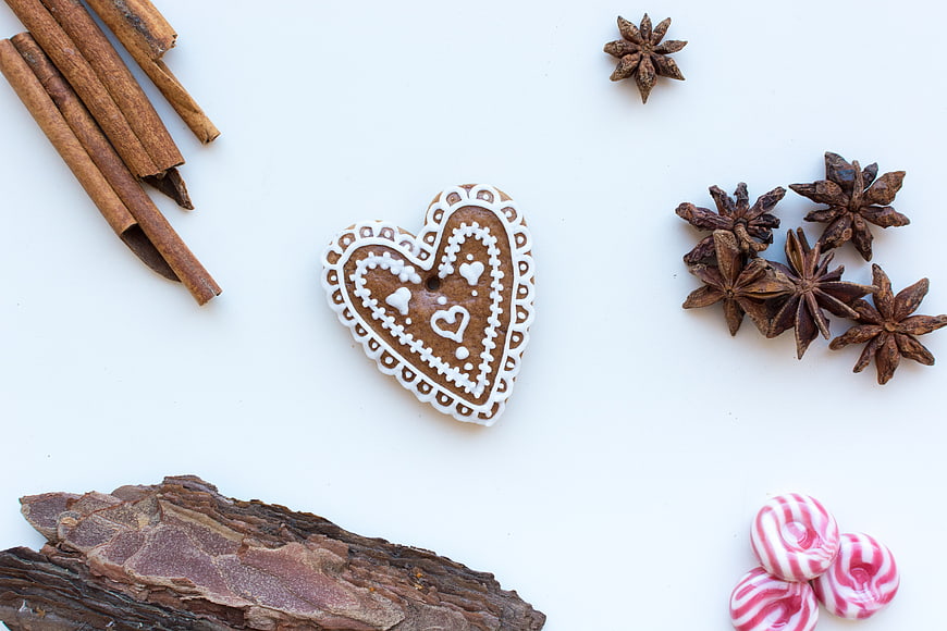 Heart-shaped gingerbread cookie with cinnamon and star anise