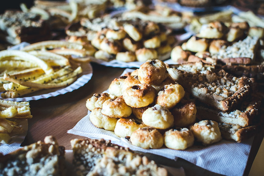 Traditional Czech wedding cookies and pastries on wooden table