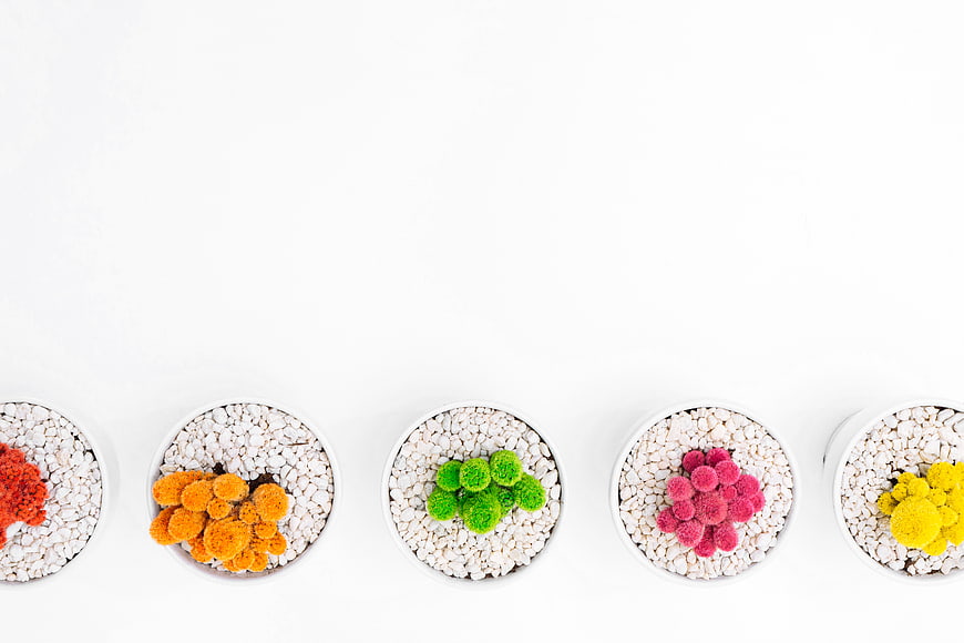 Colorful artificial moss balls in white pots with pebbles