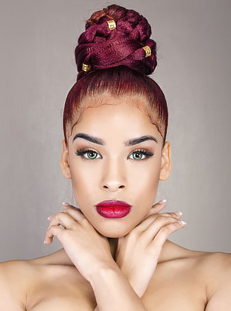 Glamour Portrait Of Woman With Burgundy Hair And Red Lipstick