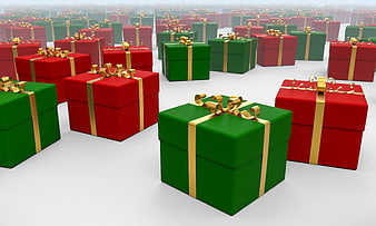 3D Render of Red and Green Christmas Gift Boxes with Gold Ribbons