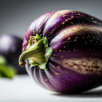 Close-up of a fresh purple eggplant with green stem