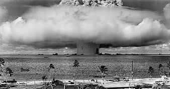 Historical Black and White Photo of Nuclear Mushroom Cloud Explosion