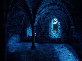 Gothic stone vault interior with moonlight shining through arched window