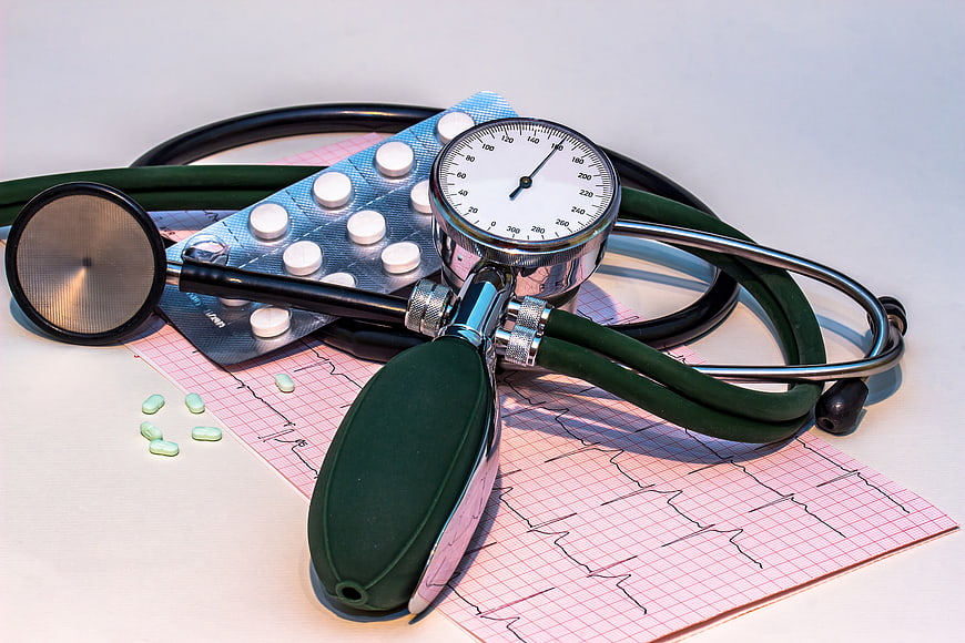 Medical equipment with stethoscope, pills, and ECG print