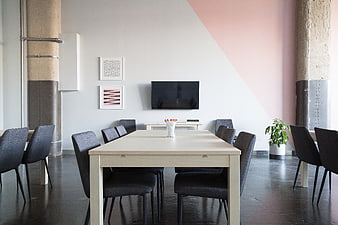 Modern minimalist office meeting room with pink accent wall