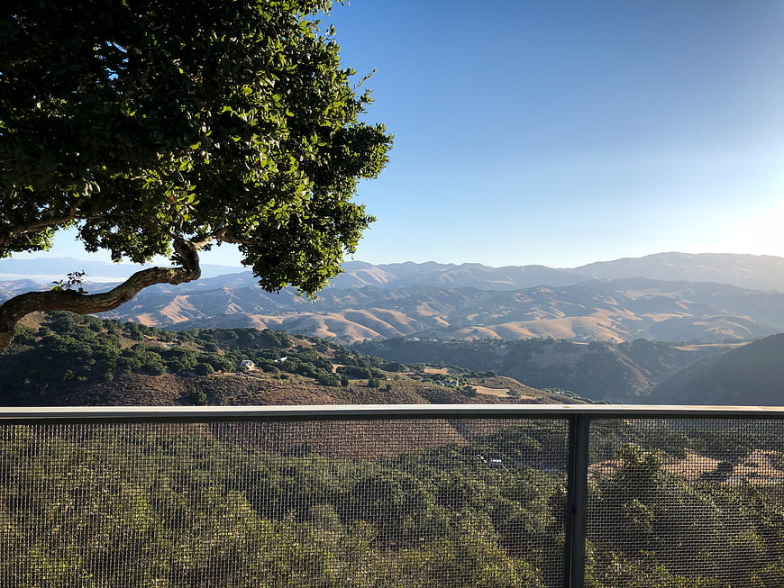 Scenic Mountain View from Balcony with Tree and Blue Sky