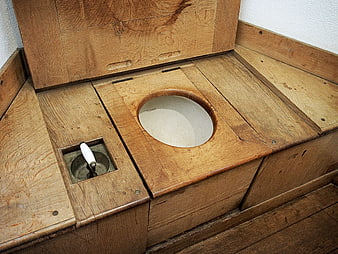 Vintage Wooden Toilet Seat With Porcelain Bowl And Flush Handle