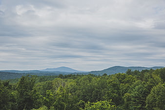 Scenic mountain landscape with green forest and cloudy sky