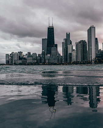 Chicago Skyline Reflection on Lake Michigan Shore