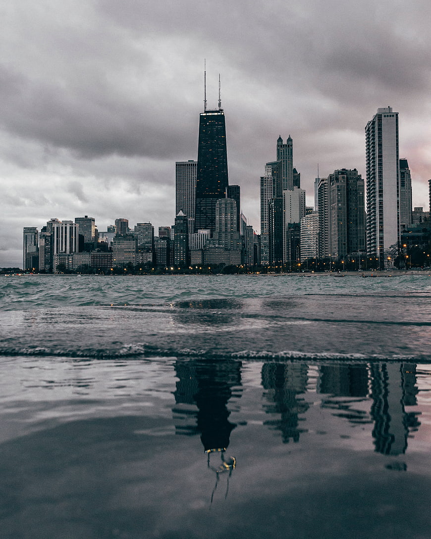 Chicago Skyline Reflection on Lake Michigan Shore