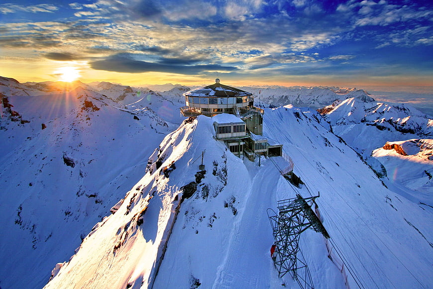 Schilthorn Mountain Station at Sunset in Swiss Alps