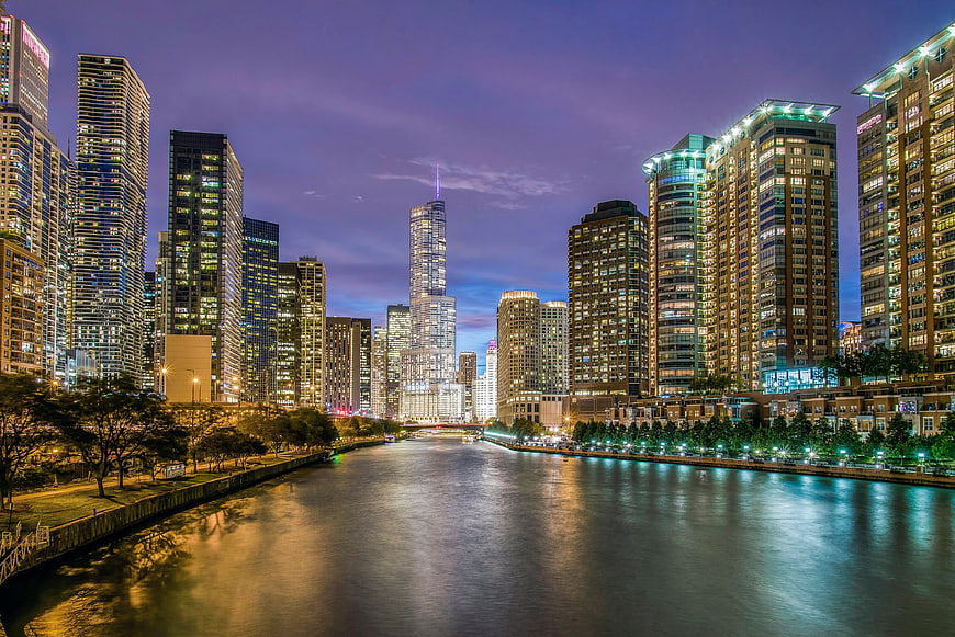 Chicago Skyline at Dusk with River Reflections