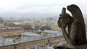 Gargoyle Statue Overlooking Paris Cityscape From Notre Dame Cathedral