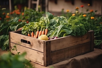 Fresh organic vegetables in a rustic wooden crate