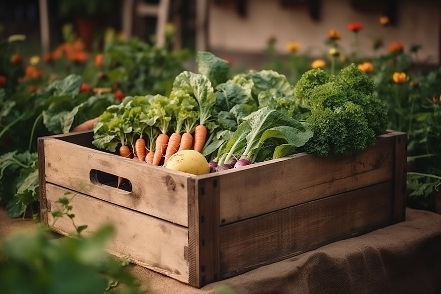 Fresh organic vegetables in a rustic wooden crate