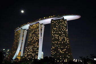 Marina Bay Sands Singapore Night Skyline with Moon