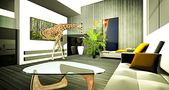 Surreal 3D Interior Design with Giraffe in Modern Living Room