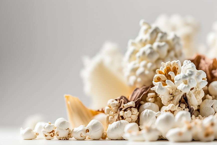 Close-up of fluffy white popcorn on a clean background