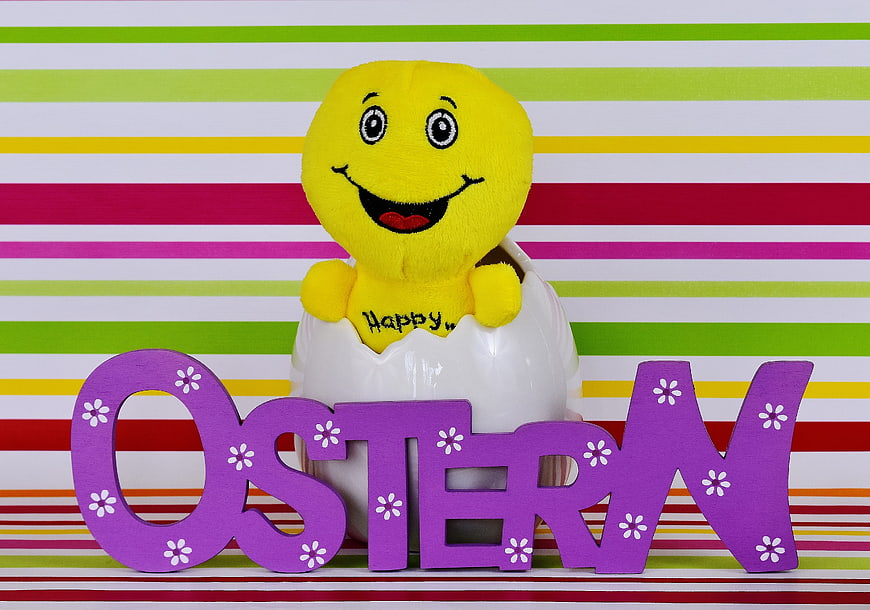 Happy Easter Smiley Plush in Eggshell with Purple Text