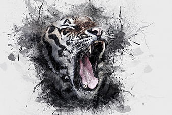 Artistic Roaring Tiger Head with Ink Splatter Effect