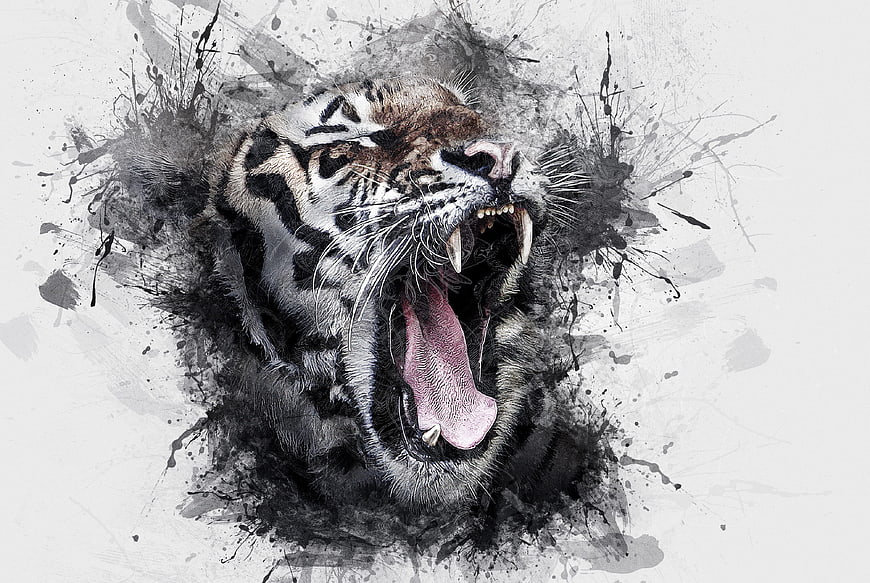 Artistic Roaring Tiger Head with Ink Splatter Effect