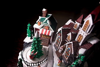 Miniature Christmas Village with Gingerbread Houses and Snowman