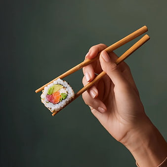 Hand Holding Sushi Roll with Chopsticks