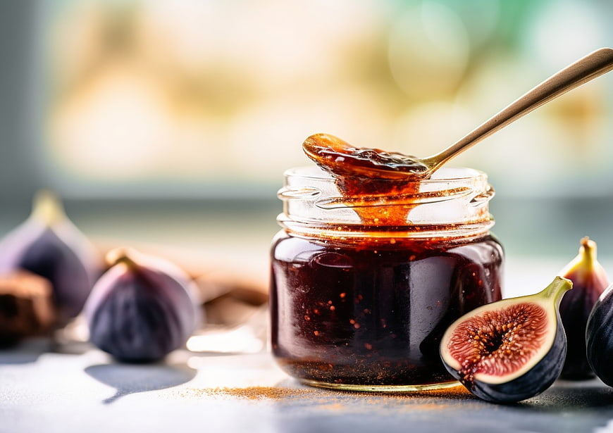 Homemade Fig Jam in Glass Jar with Fresh Figs