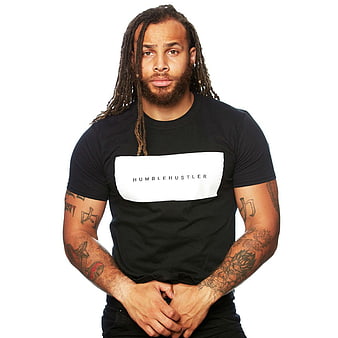 Male Model Wearing Black Humble Hustler T-Shirt On White Background
