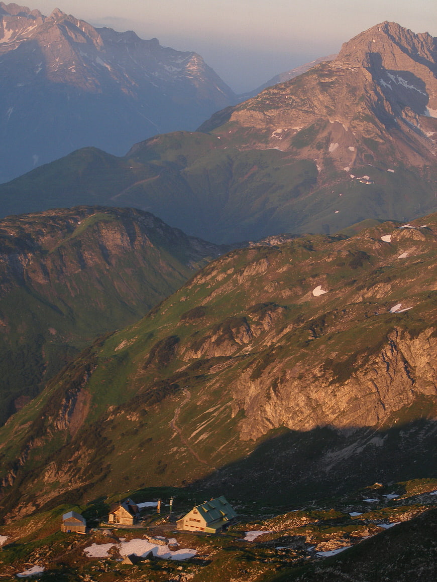 Mountain hut in the Allgäu Alps at sunrise