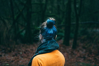 Woman with Blue Hair in Forest from Behind
