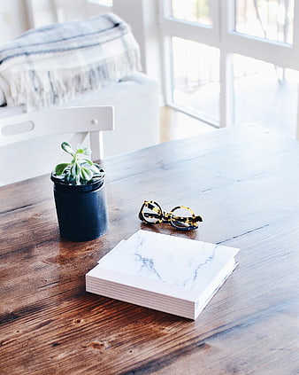 Minimalist workspace with notebook, glasses, and succulent on wooden table