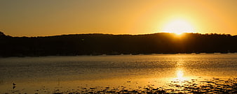 Golden Sunset Over Calm Harbor with Silhouetted Boats
