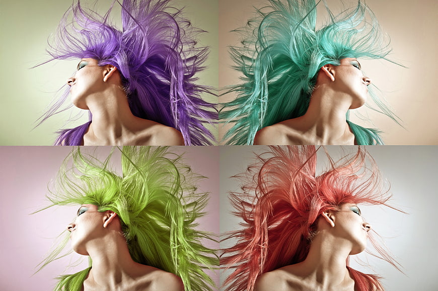Collage of woman with vibrant purple, teal, green, and red hair