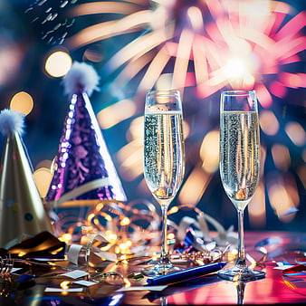 Champagne Toast with Fireworks and Party Hats