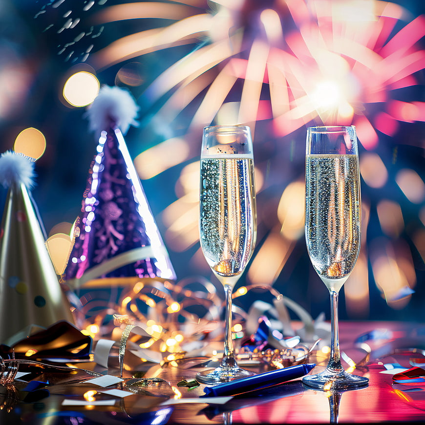 Champagne Toast with Fireworks and Party Hats