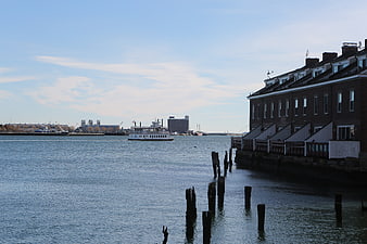 Harbor Scene with Ferry and Brick Warehouse