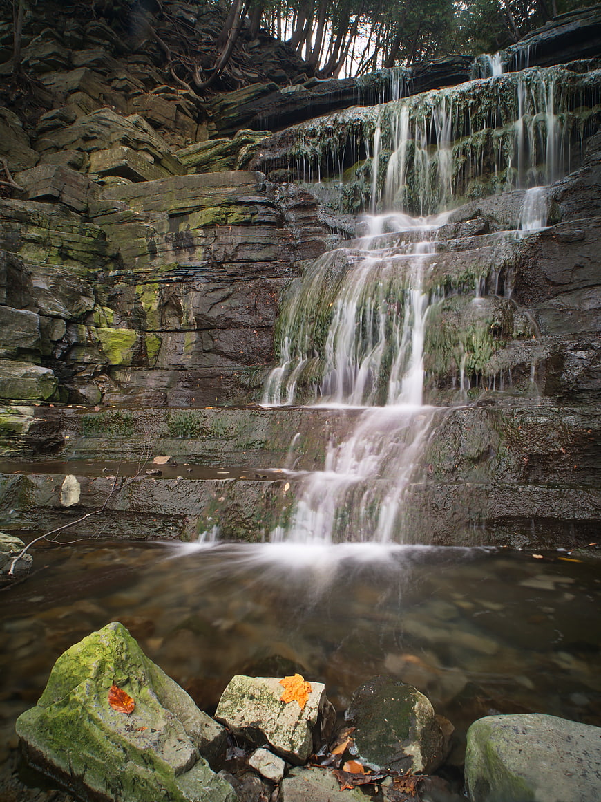 Serene waterfall cascading over mossy rocks in forest