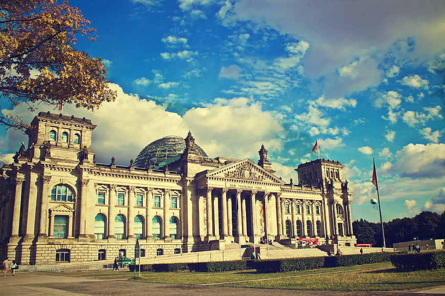 Reichstag Building Berlin with Glass Dome and Blue Sky