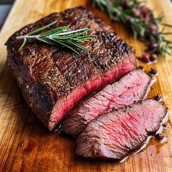 Juicy Rare Roast Beef Sliced on Wooden Board with Rosemary