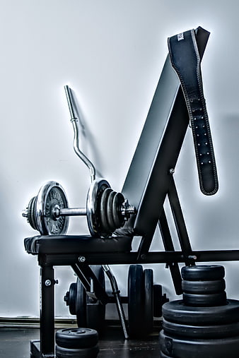 Black weight bench with barbell and plates in gym