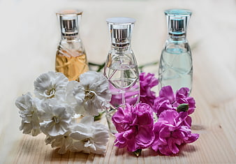 Perfume bottles with white and pink flowers on light wood