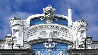 Art Nouveau Facade Sculpture With Blue Brick And White Ornament