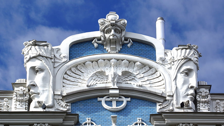 Art Nouveau Facade Sculpture With Blue Brick And White Ornament